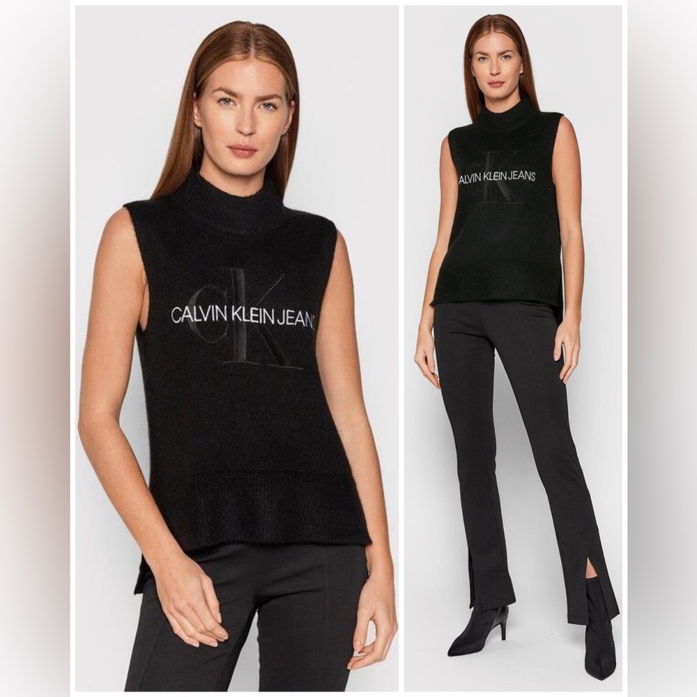 Calvin Klein Jeans Black Monogram Logo Alpaca Wool Blend Knit Vest Women Size XL